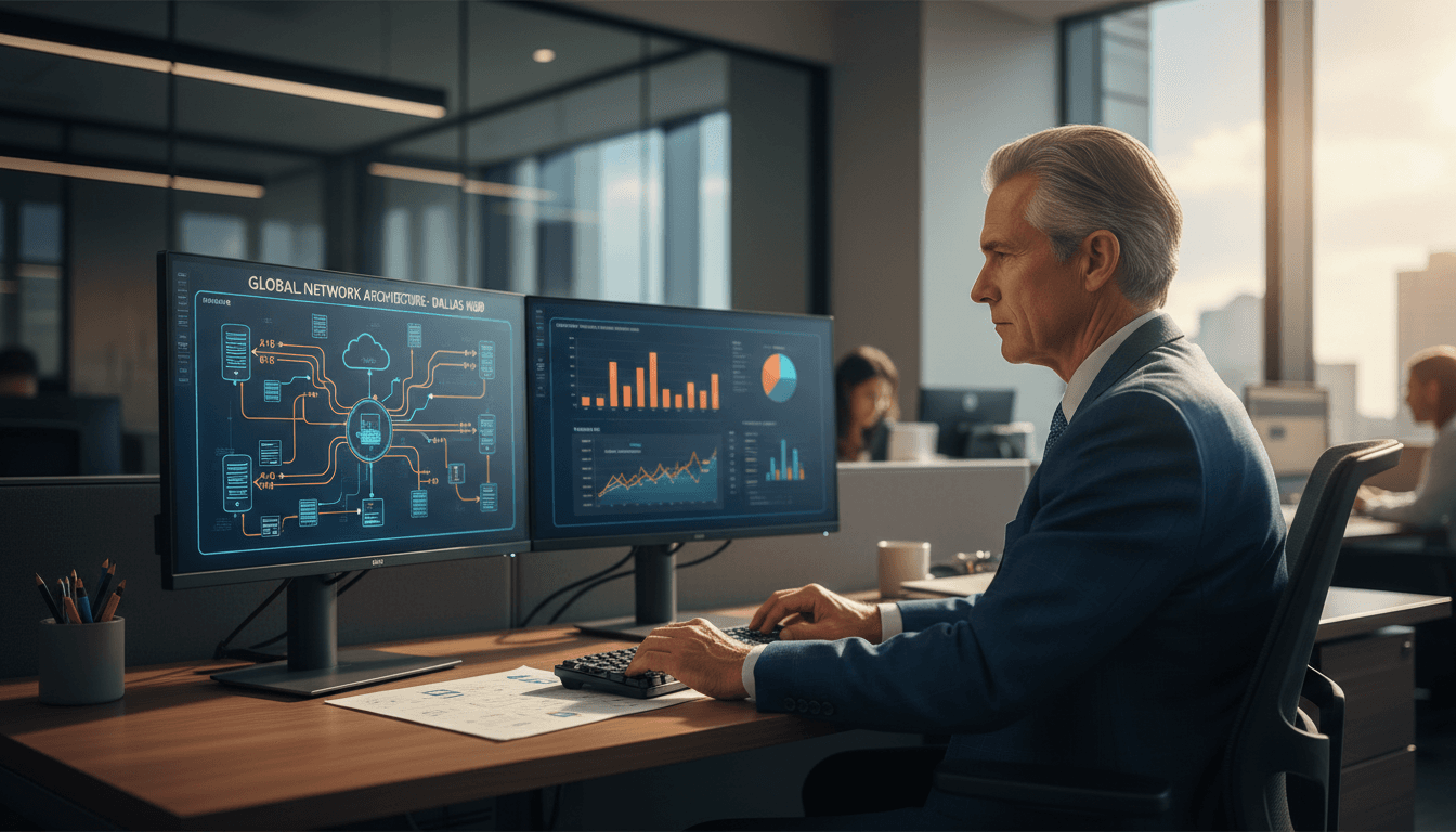 IT consultant reviewing enterprise network architecture on dual monitors