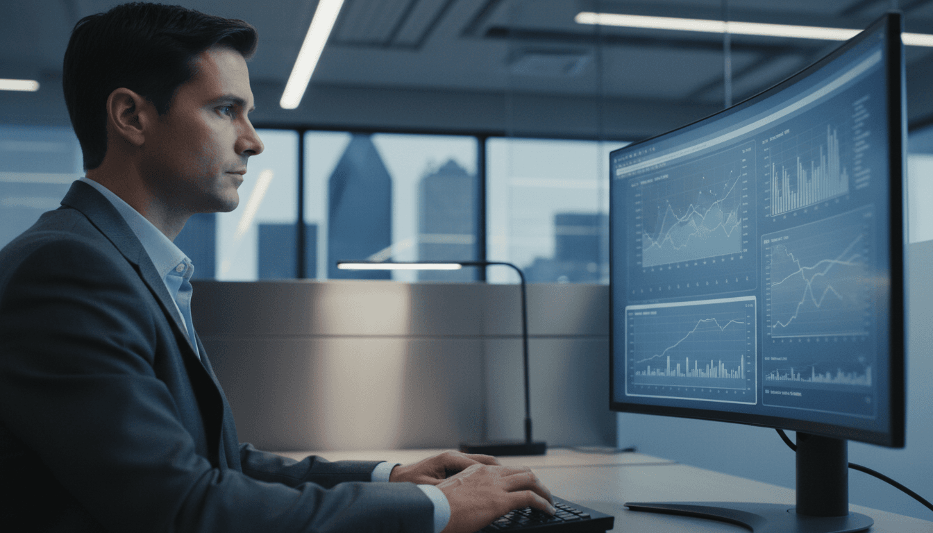 IT professional analyzing infrastructure metrics and technology strategy on computer monitor in modern office